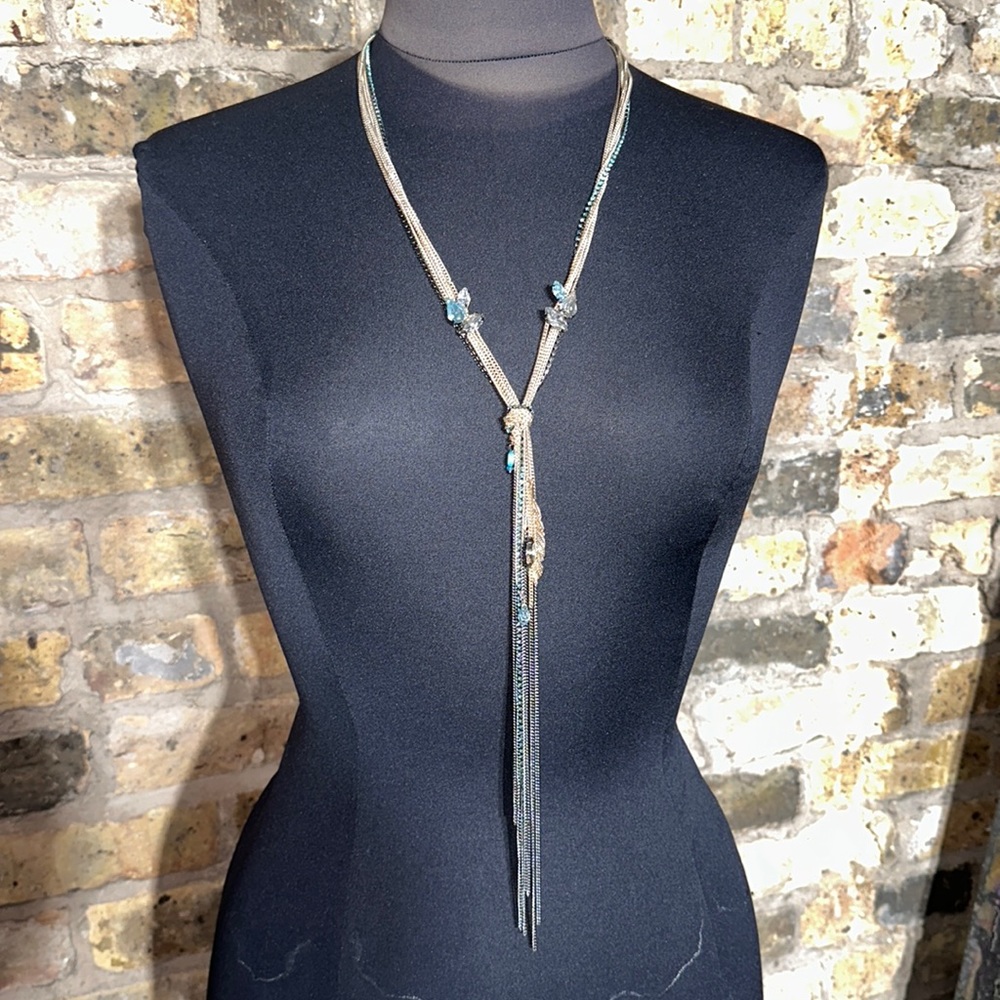 Multi strand gold w/ black & turquoise diamond strand long necklace